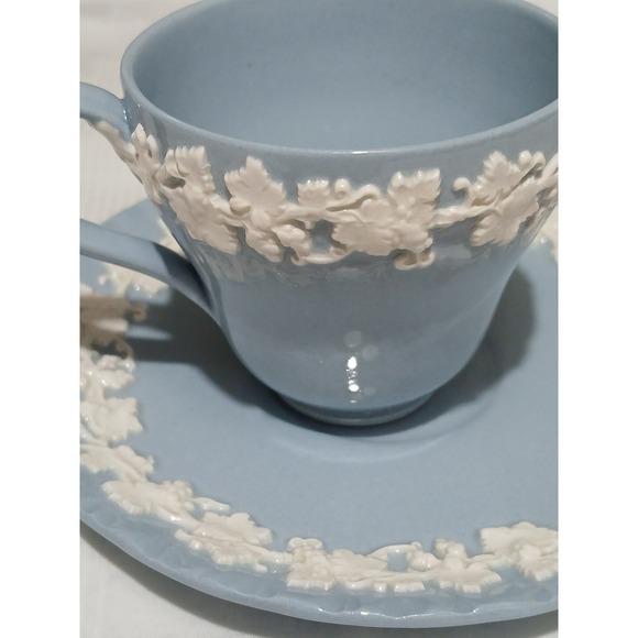 Wedgwood Blue Queen's Ware Cup and Saucer Embossed Grapes Made in England - Picture 3 of 7
